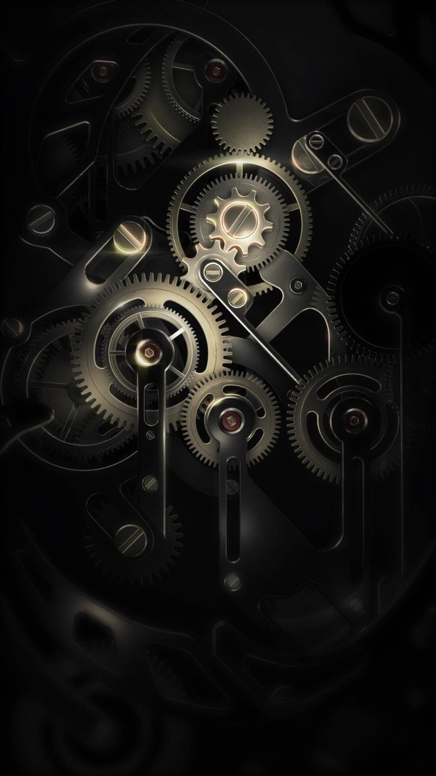An artistic image of gears and cogs on a black background. - Steampunk