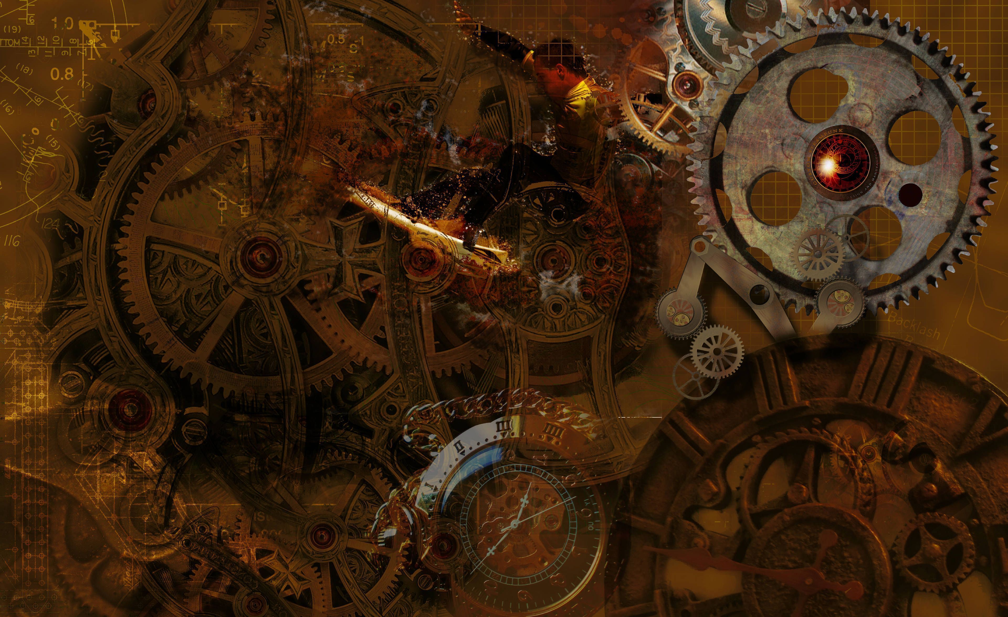 A collection of gears and clock parts. - Steampunk
