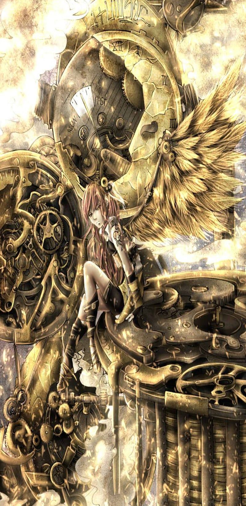Steampunk anime, feathers, gears, girl, gold, romance, HD phone wallpaper