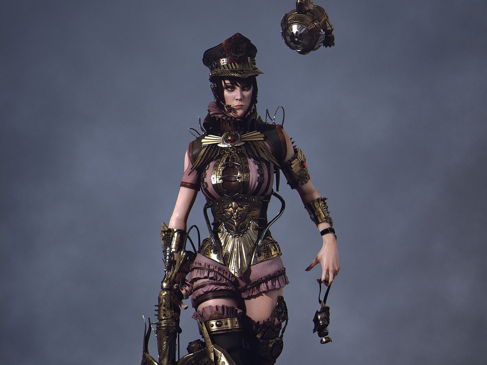 A woman in a steampunk outfit holding a gun and a handbag - Steampunk