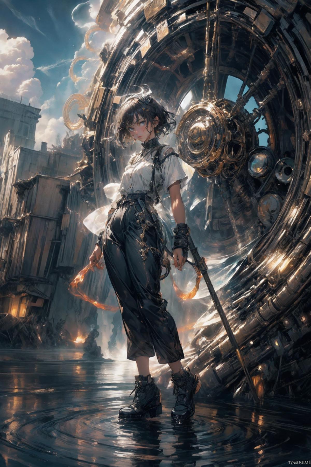 This is a photo of a girl in steampunk clothing holding a burning torch standing in front of a large metal structure. - Steampunk