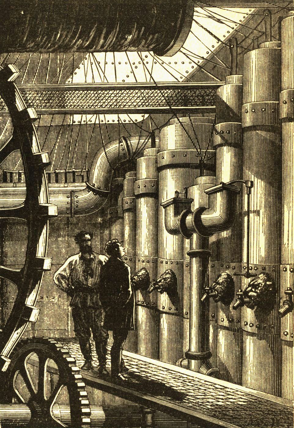 Two men stand in a factory with large pipes and a wheel - Steampunk