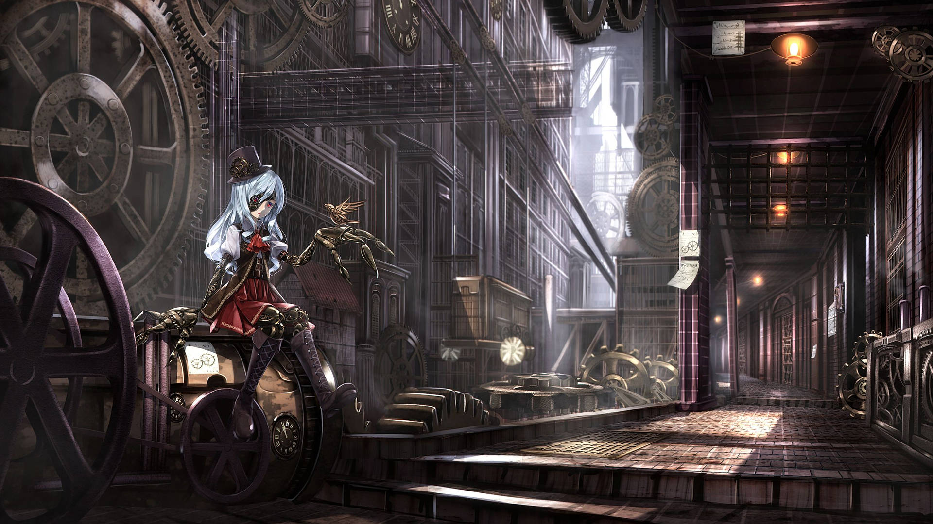 Anime girl with white hair in a red dress sitting on a bicycle in a factory - Steampunk