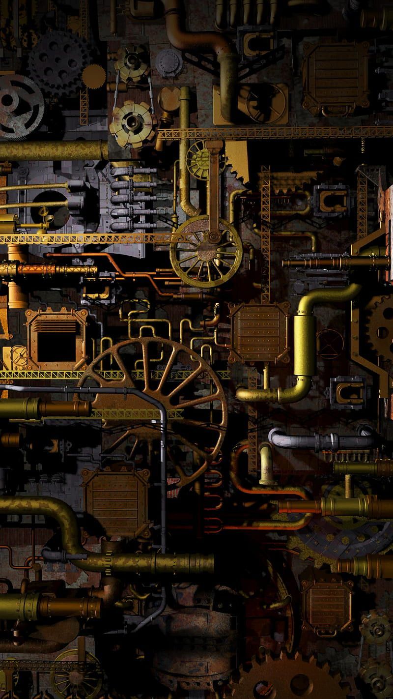 A dark wall with a variety of metal pipes, wheels, and other machinery. - Steampunk