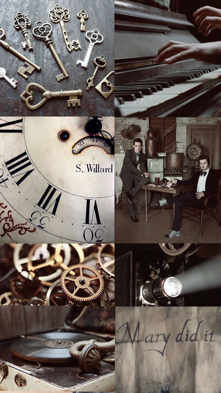 Collage of images including a clock, keys, and two men - Steampunk