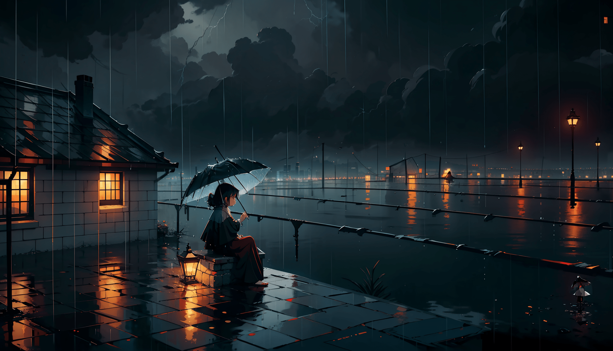 A woman with an umbrella sits on a roof in the rain. - Rain