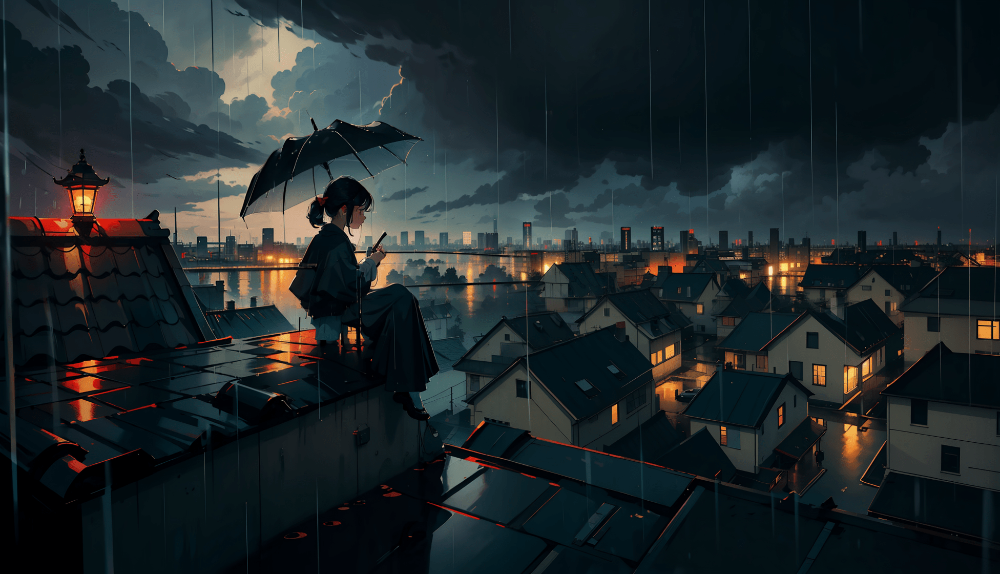 A girl with a black umbrella sits on a rooftop - Rain
