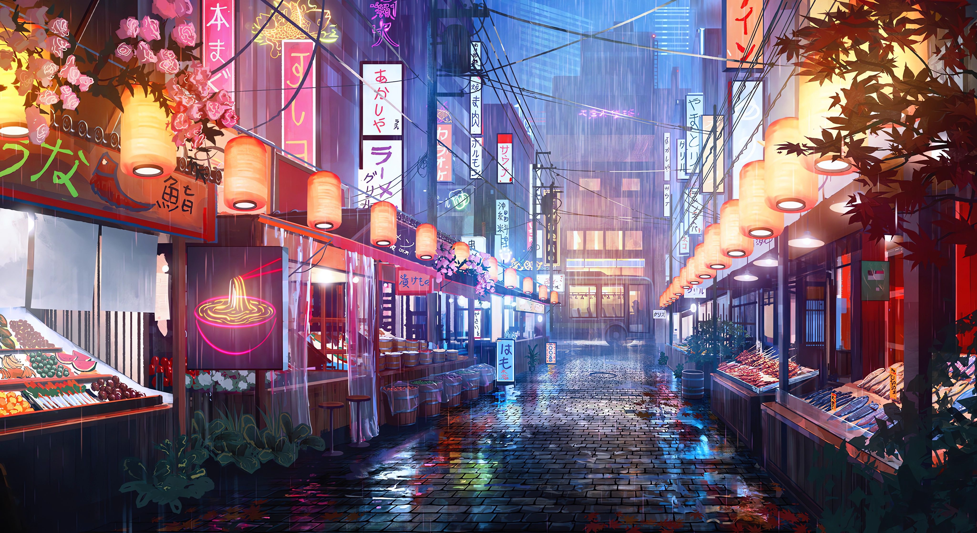 A digital painting of a rainy Japanese street at night. - Rain