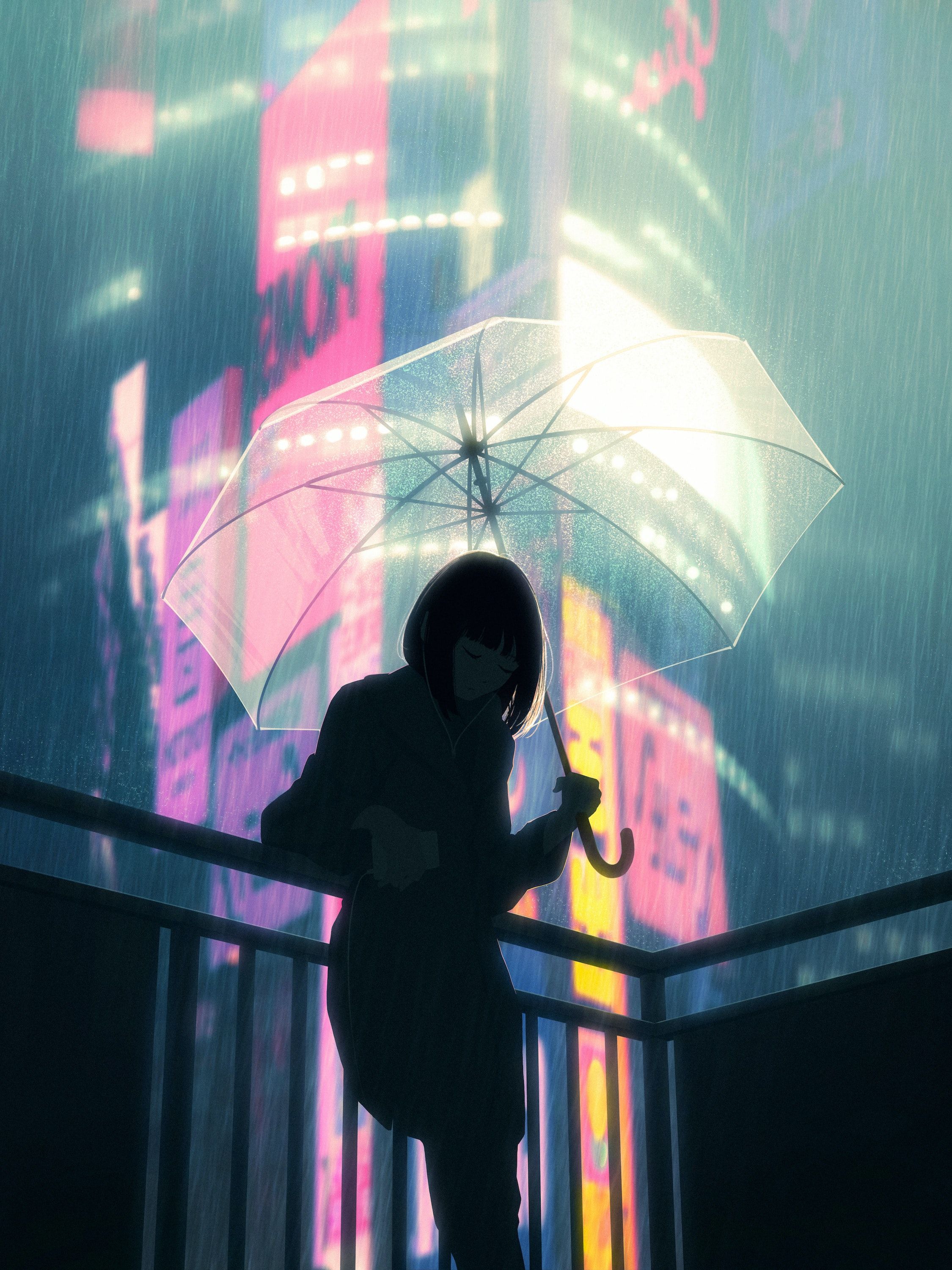 Bysau Digital Art Artwork Illustration Rain Umbrella Women City Lights City Night Vertical Silhouett Wallpaper:2250x3000