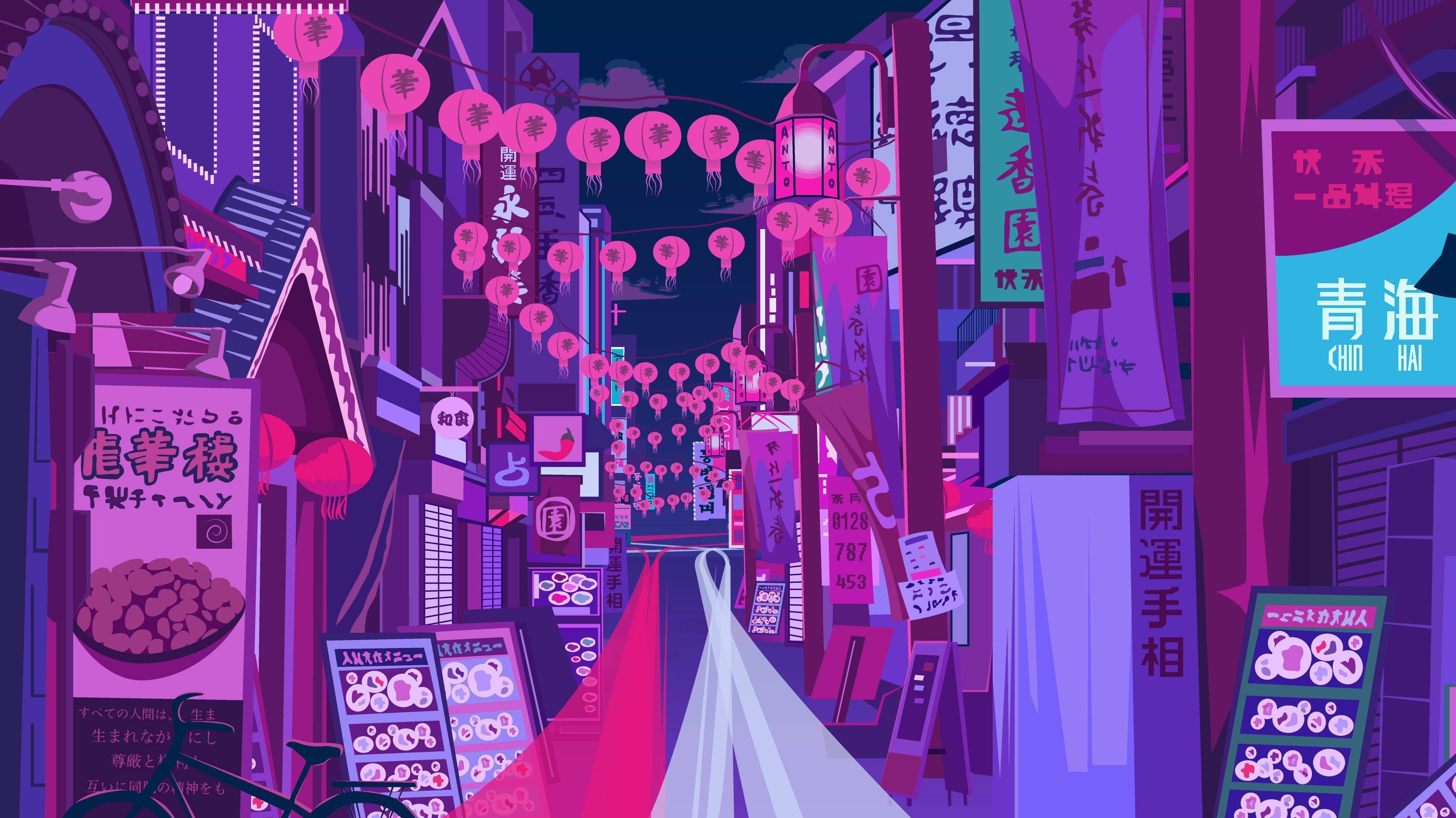 A street in Tokyo at night, with pink and purple hues. - Laptop, Japan