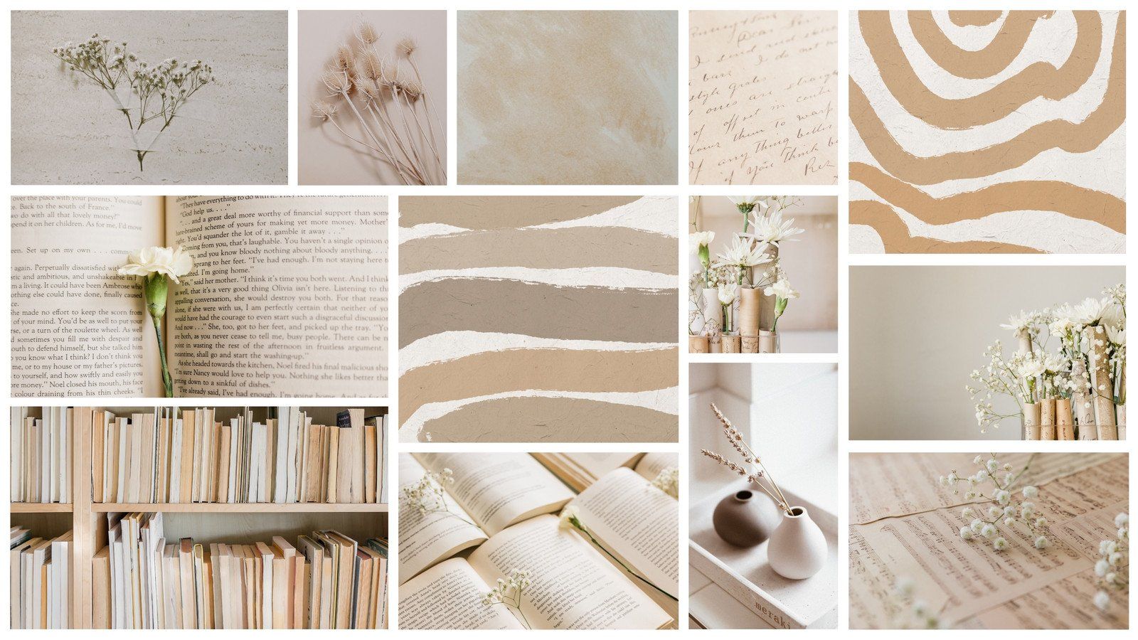 A collage of images of books, flowers, and other items in a neutral color palette. - Paper, beautiful, neutral, France, cream, gold