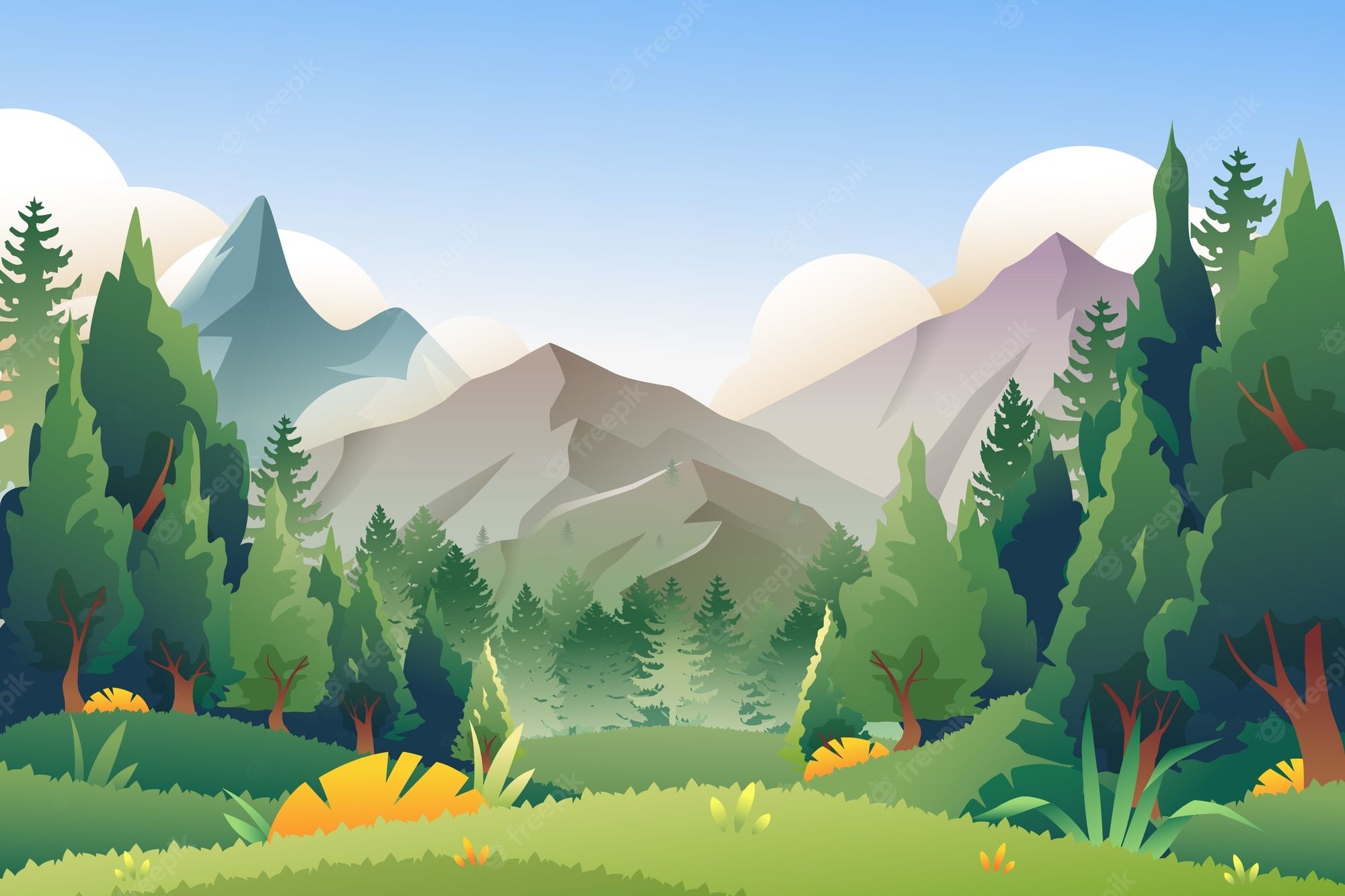 A cartoon image of a forest with trees, grass, mountains, and clouds - Vector