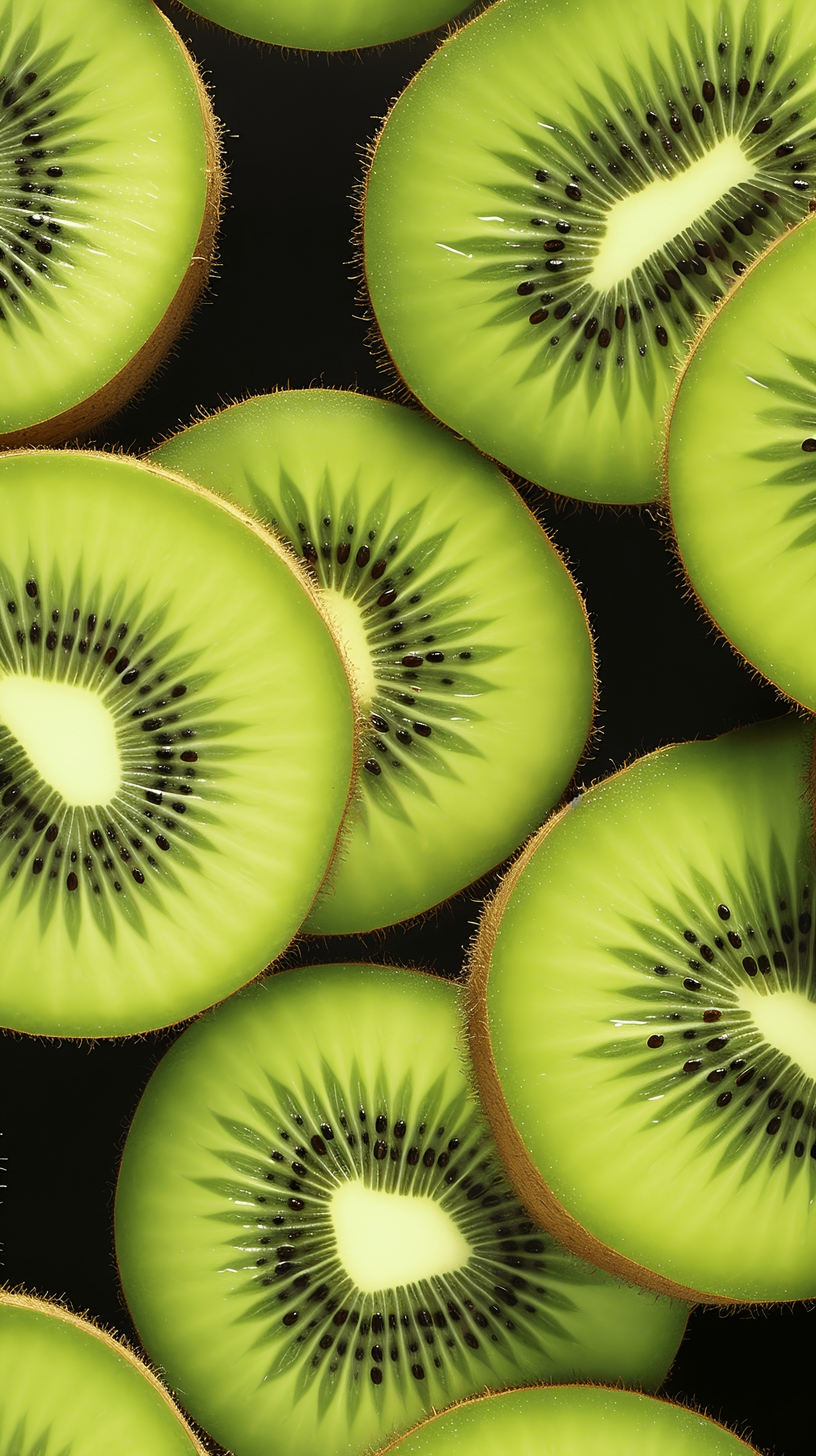 A close up of green猕猴桃 slices against a black background - Kiwi