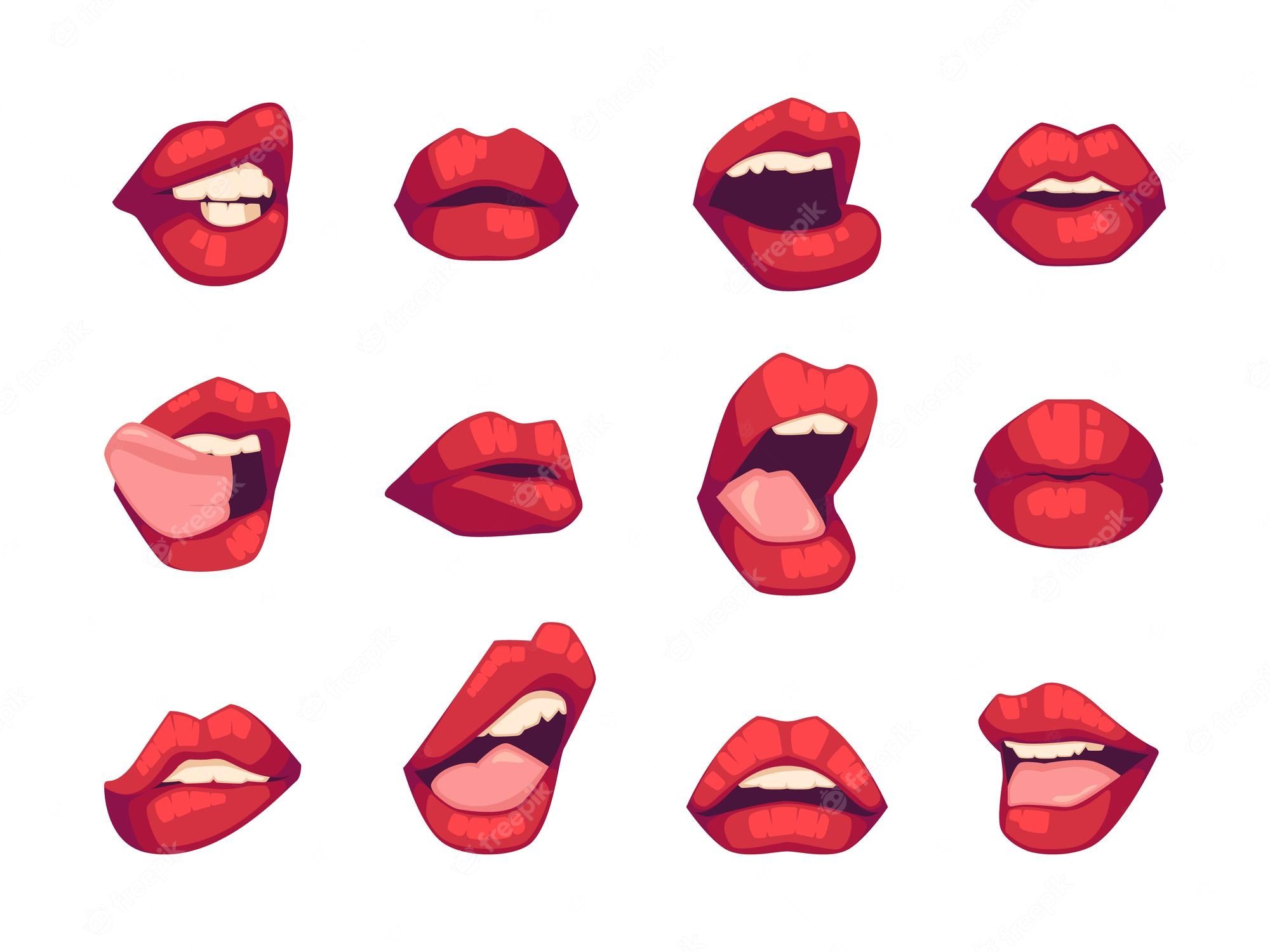 Set of female lips in different positions with red lipstick. Collection of a mouth with red lipstick isolated on white background. - Lips