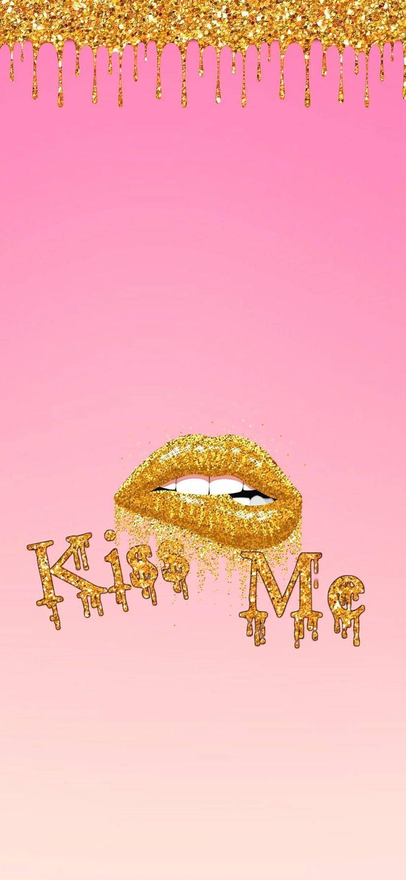 Kiss me wallpaper, pink background, gold lips, phone background - Lips