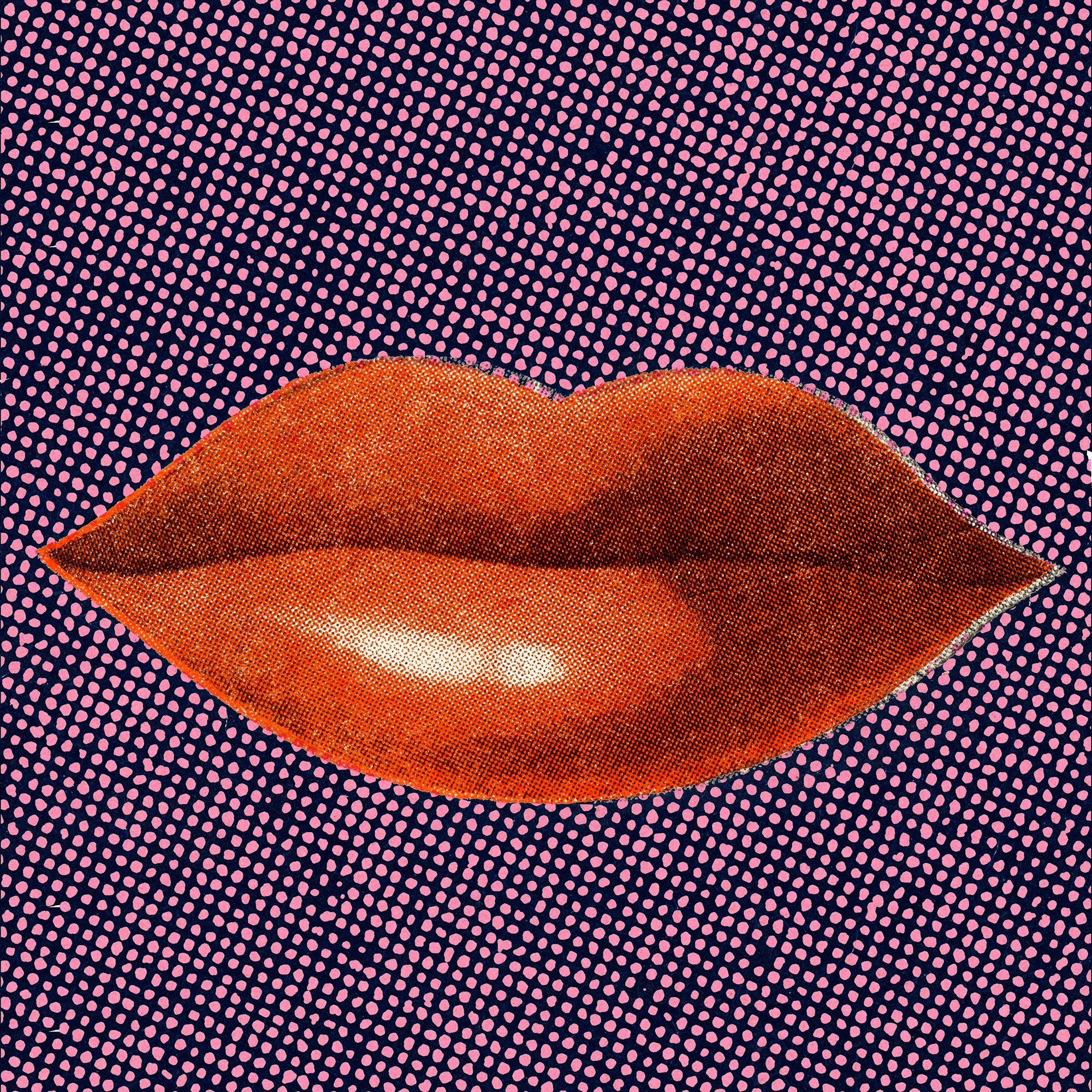 A close up of an orange lip on purple background - Lips