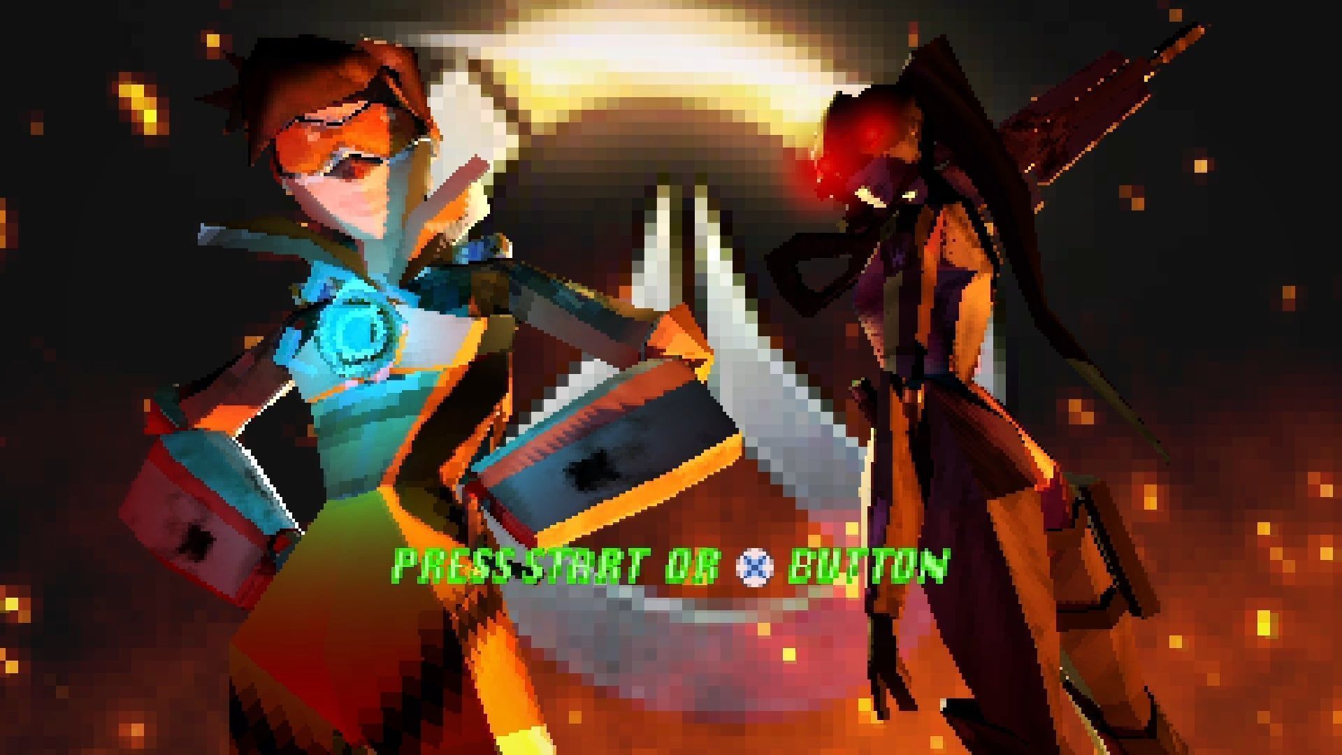 Pixel characters standing in front of a glowing orb with the text 