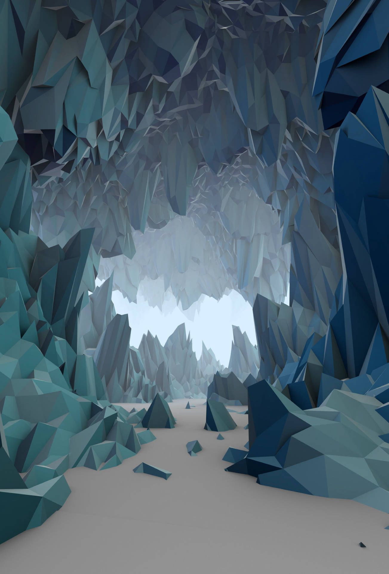 A cave with a low poly render of a mountain range - Low poly