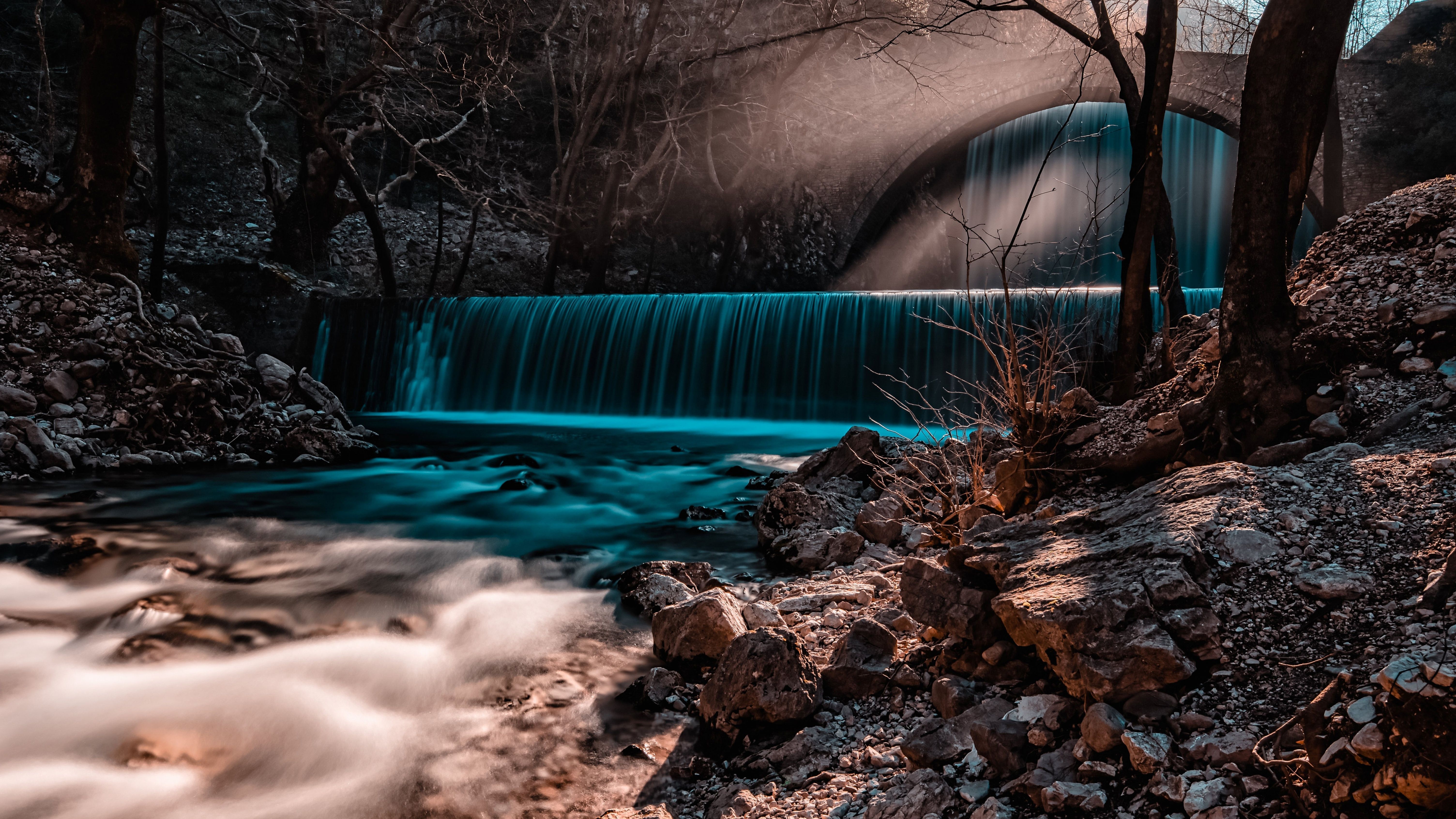 Waterfall Wallpaper 4K, Forest, Autumn, Fall, Sun rays