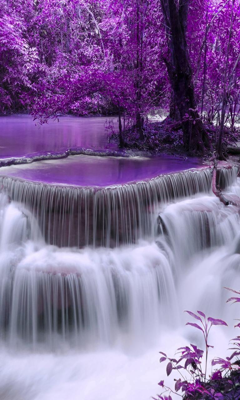 Waterfall in the forest with purple trees - Waterfall