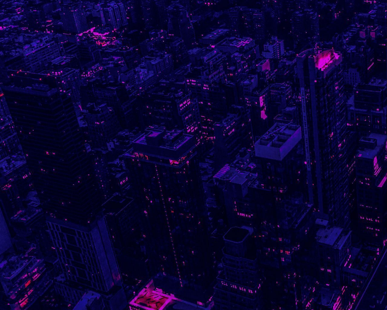 Download wallpaper 1280x1024 city, buildings, aerial view, purple, dark standard 5:4 HD background