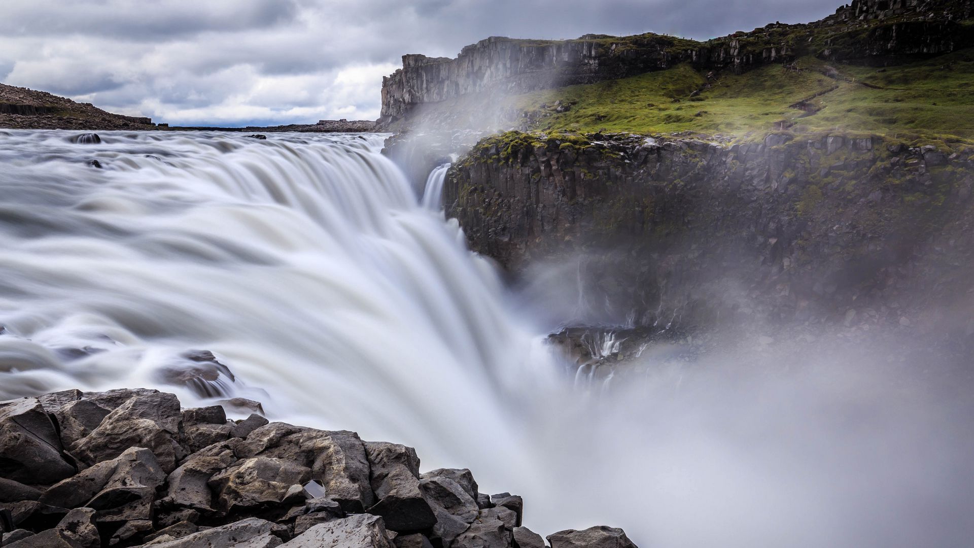 Download wallpaper 1920x1080 waterfall, cliff, mountains, nature full hd, hdtv, fhd, 1080p HD background