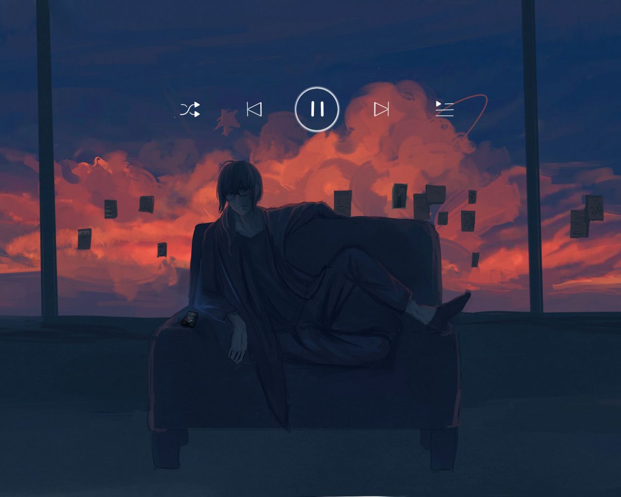 Download wallpaper sunset, music, sofa, guy, smartphone, section art in resolution 1280x1024