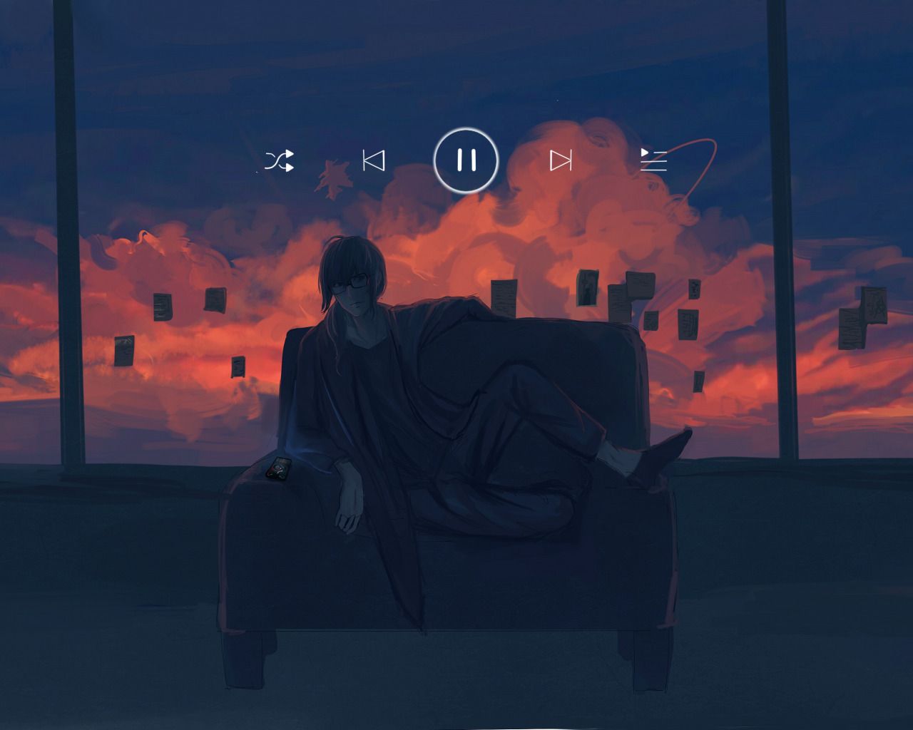 Anime boy sitting on a couch with a sunset in the background - 1280x1024