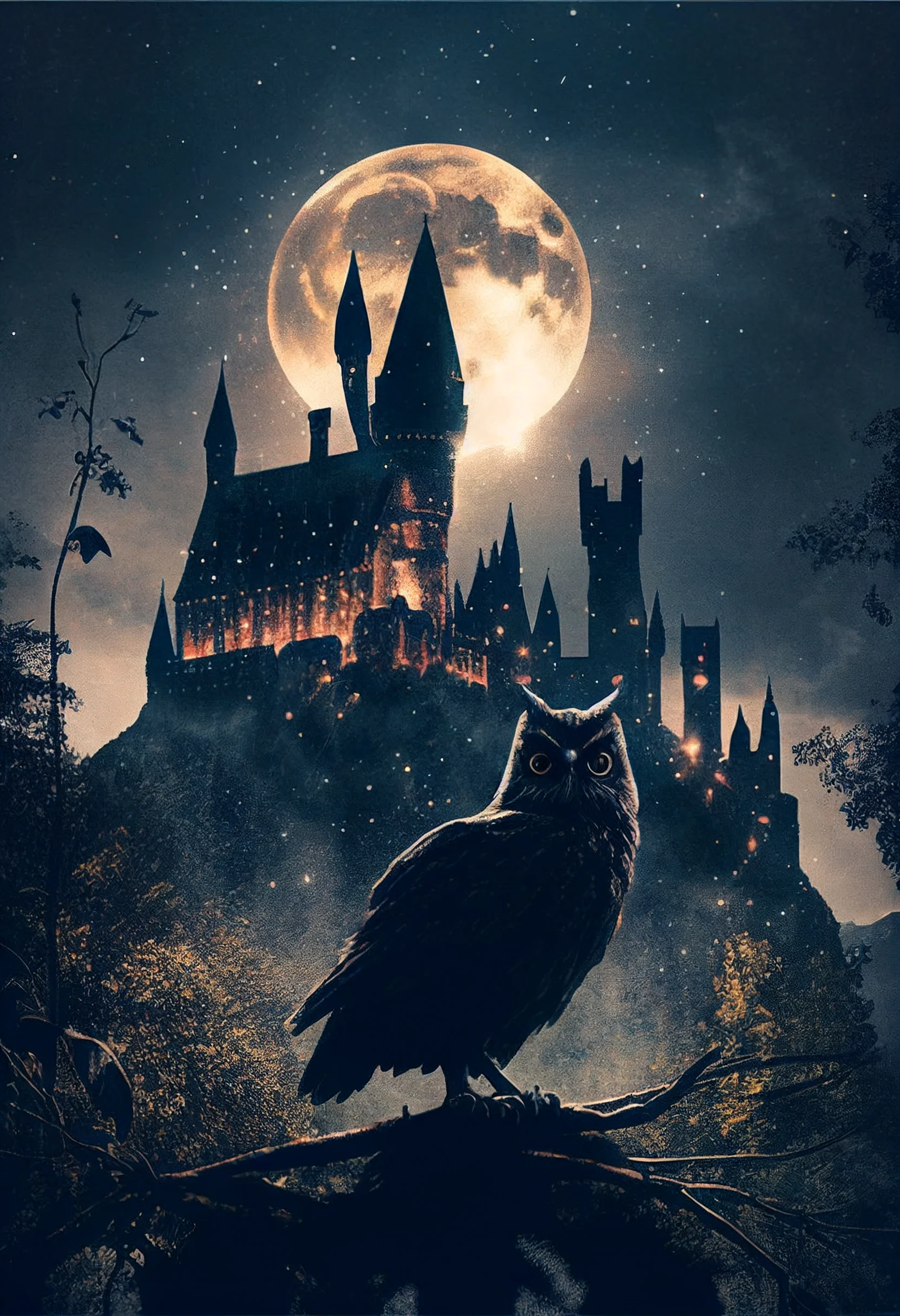 An owl sitting on a tree branch with Hogwarts castle in the background - Hogwarts