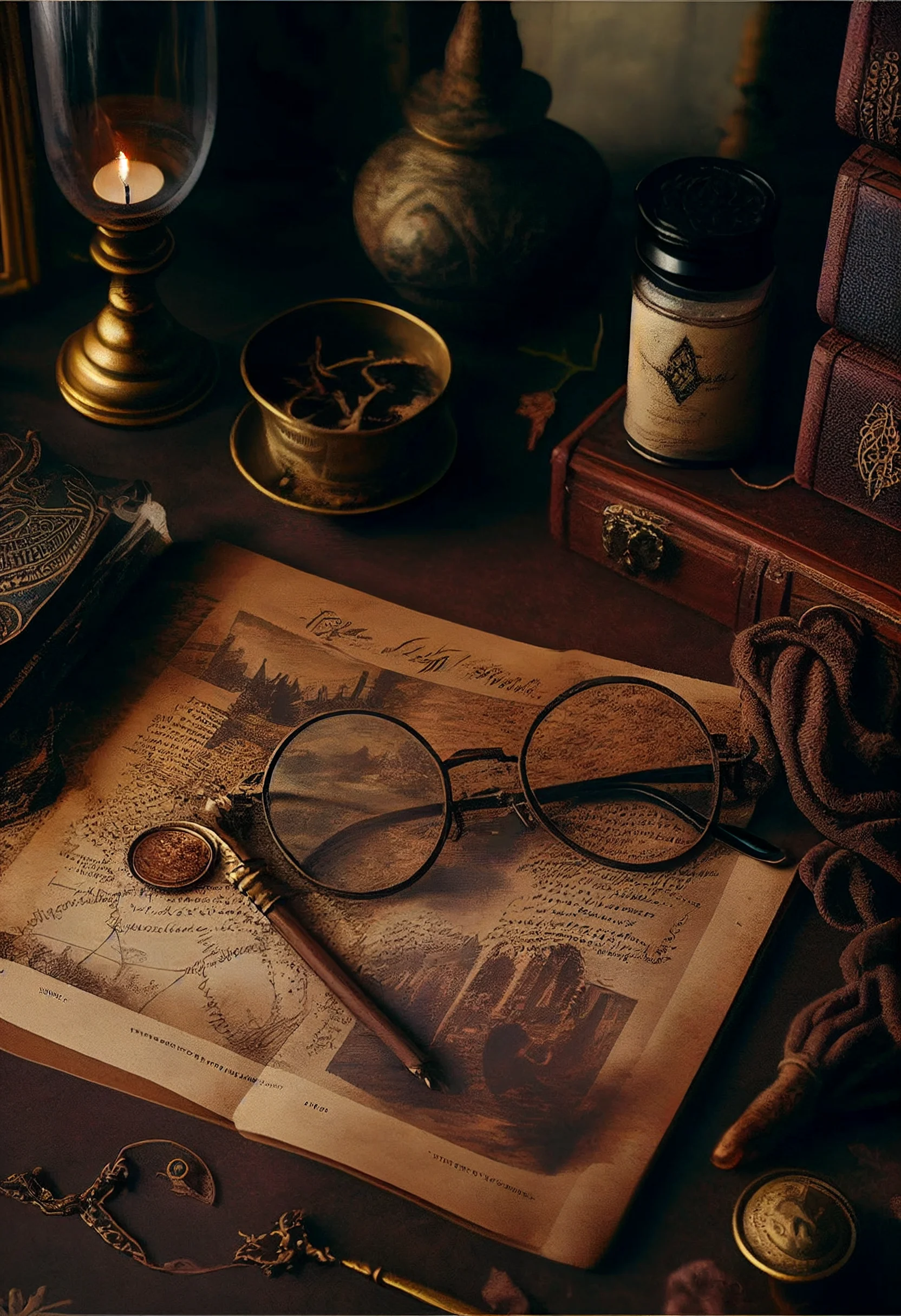 A desk with an open book, glasses, a candle, and a magnifying glass. - Hogwarts