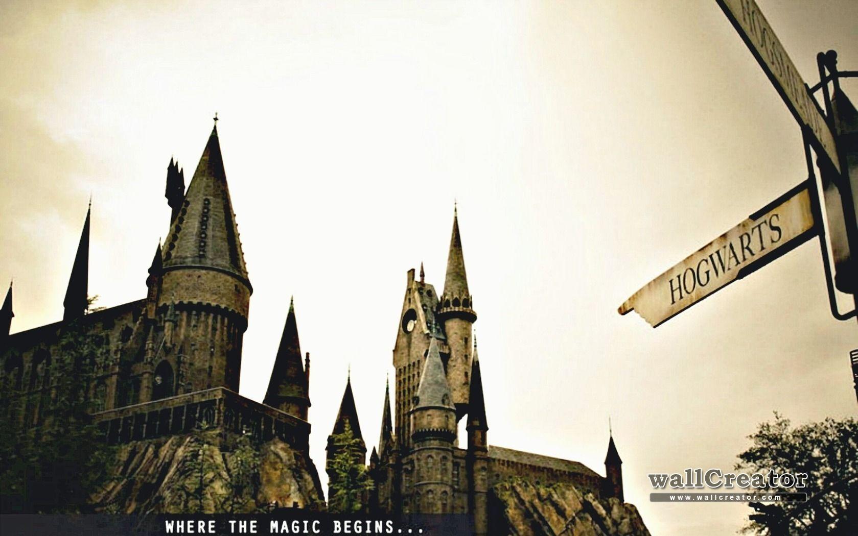 Hogwarts castle with a sign that says where the magic begins. - Hogwarts