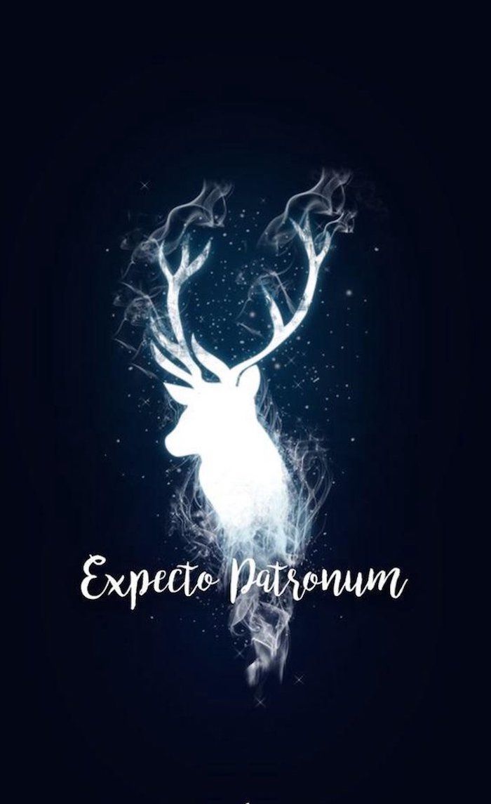 Expecto patronum written in white, on a black background, with a white silhouette of a deer, harry potter wallpaper, patronus charm - Hogwarts