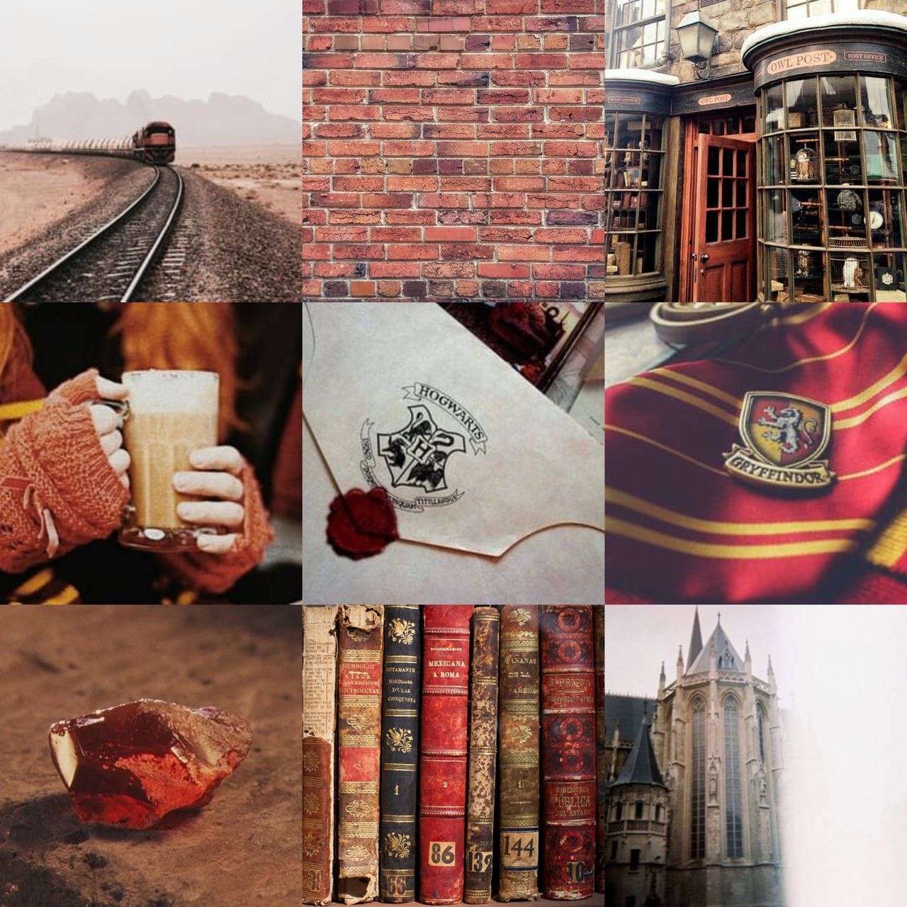 A collage of images from the Harry Potter series, including the Hogwarts Express, a book, a rose, and a stone. - Hogwarts