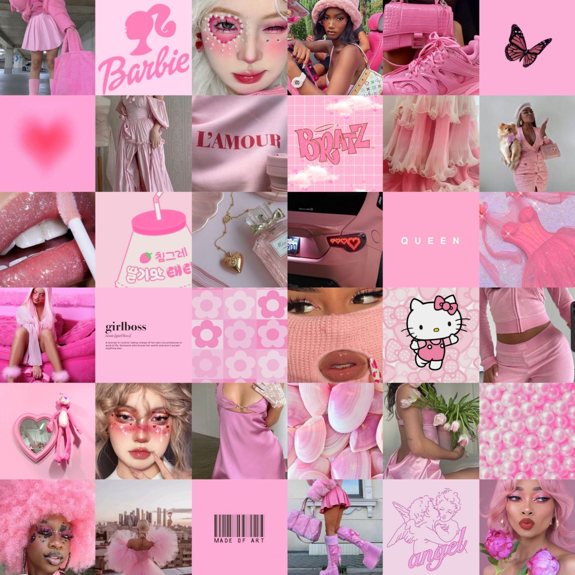 A collage of pink aesthetic images including barbies, butterflies, and pink flowers. - Barbie, pink, pink collage