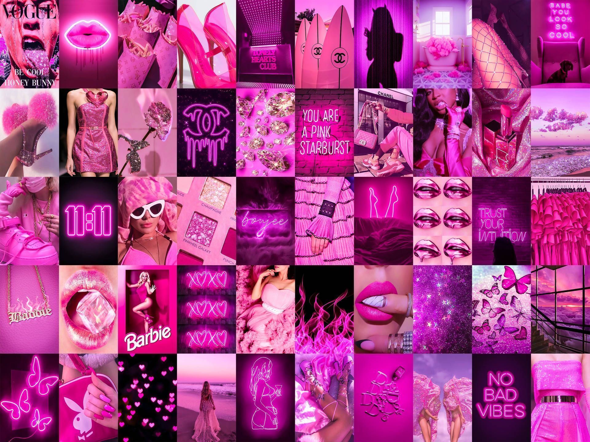 Aesthetic collage of pink and purple images including fashion, barbie, and makeup. - Barbie