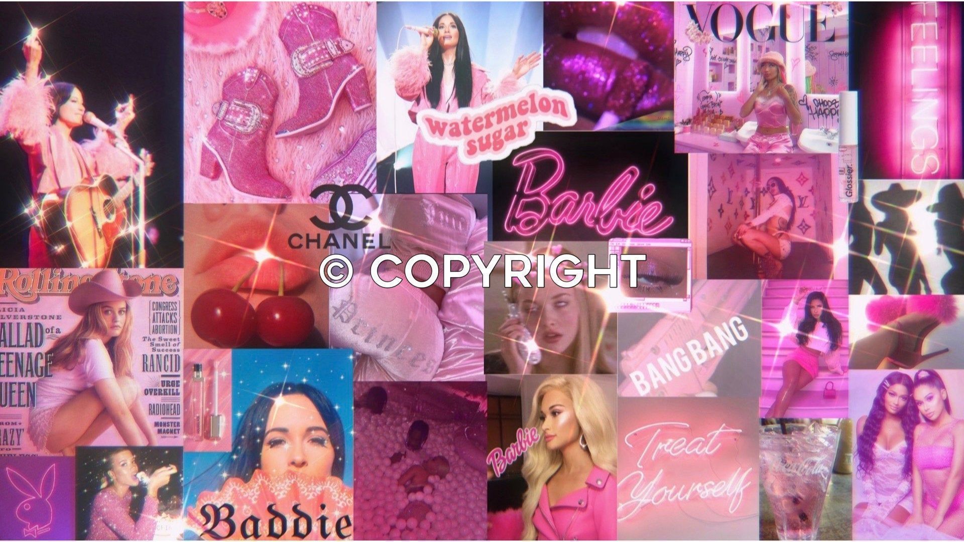 A collage of images including barbies, chanel, vogue, and bang bang - Barbie