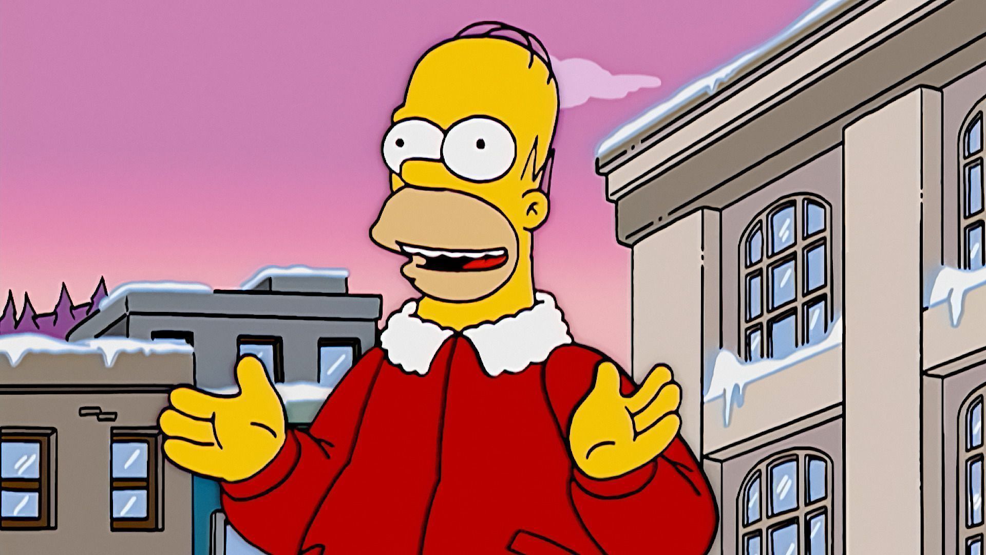 Homer Simpson in a red sweater standing in front of a house - Homer Simpson