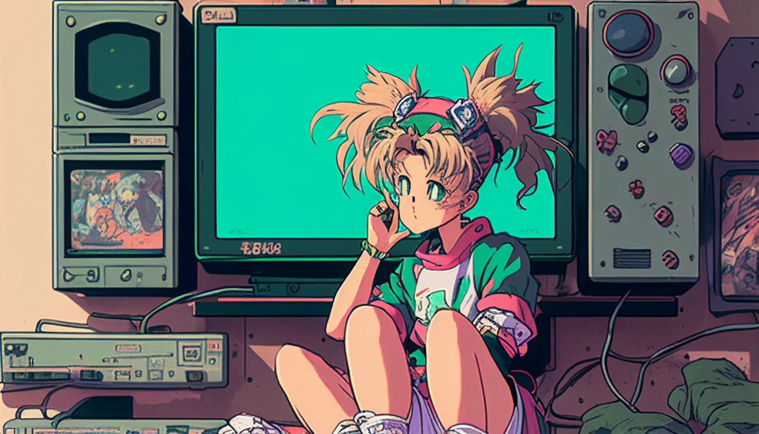A girl sitting in front of a TV, with two pigtails and a green shirt. - Anime
