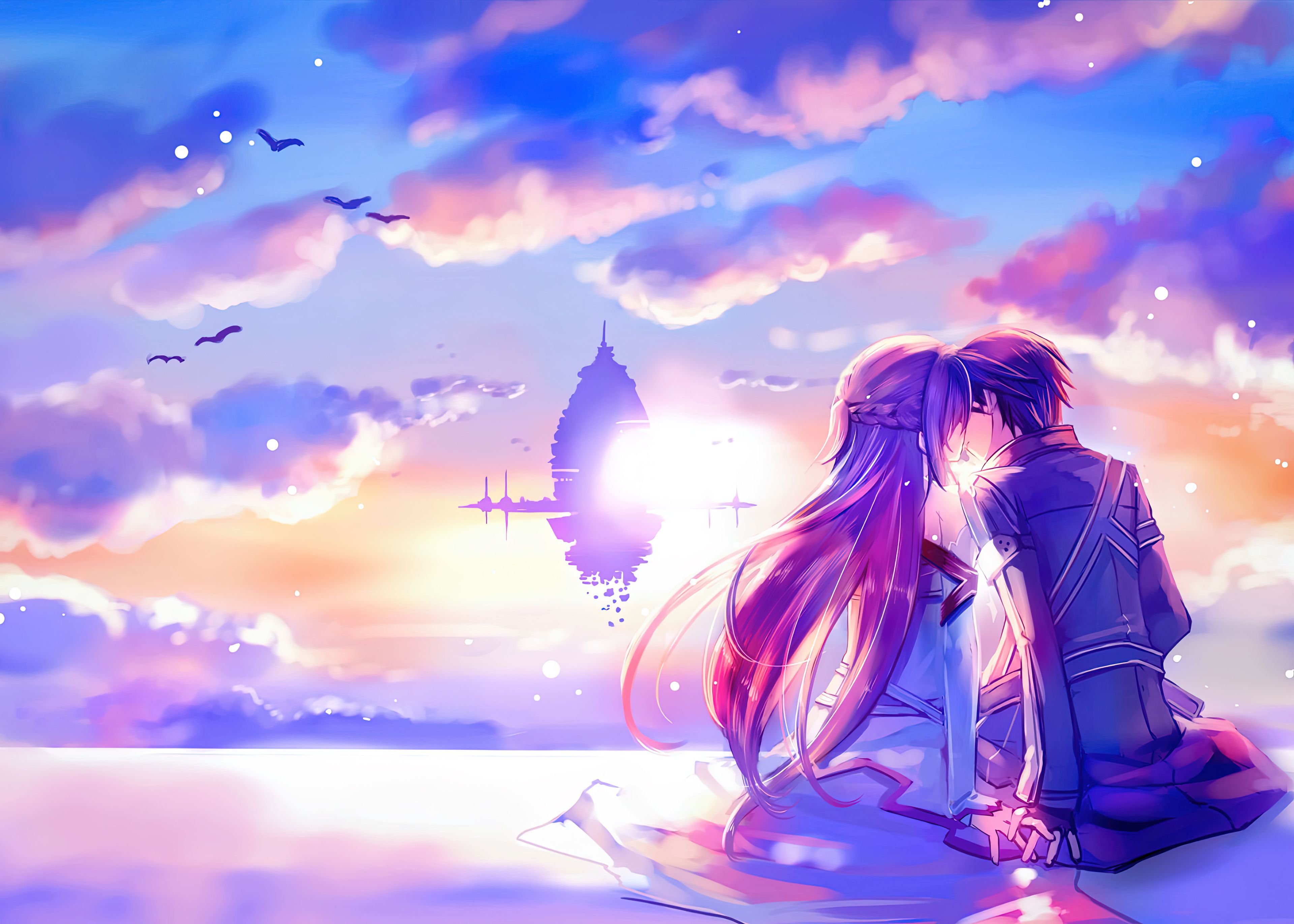 Anime wallpaper of a girl and a guy sitting on the shore of a lake - Anime