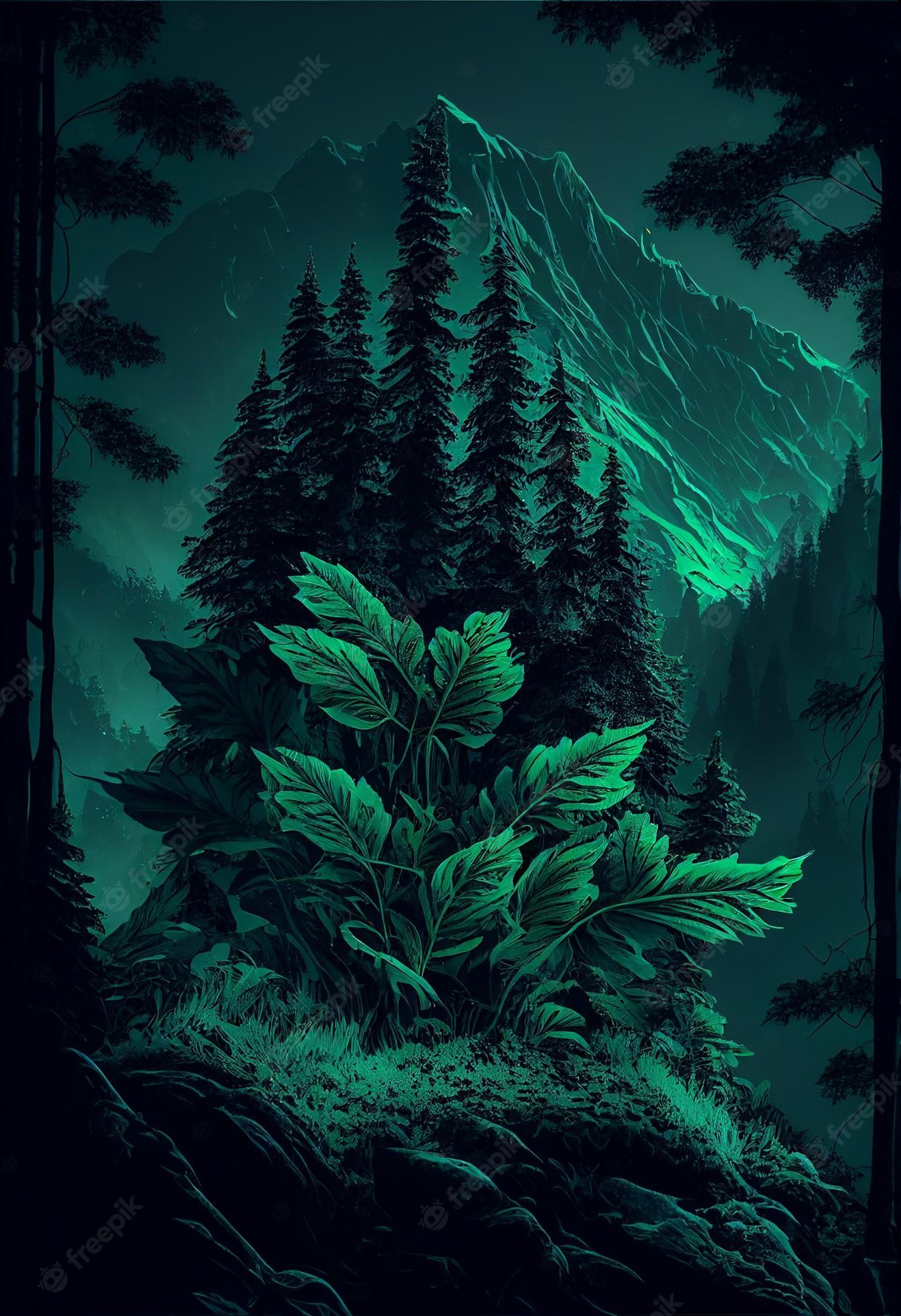 Illustration of a dark forest with trees and mountains - Forest