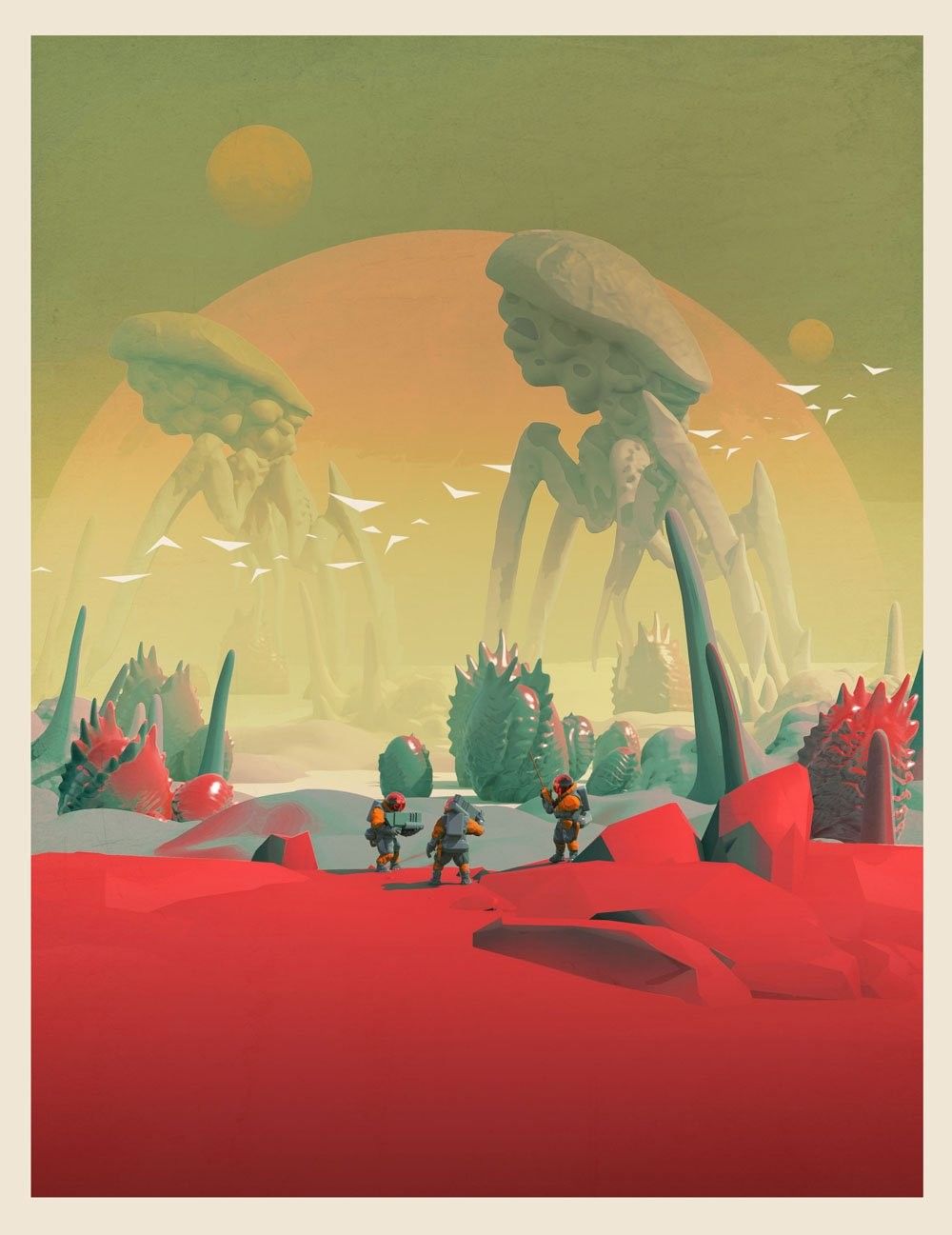 A digital painting of a group of characters standing in a red alien landscape - Low poly