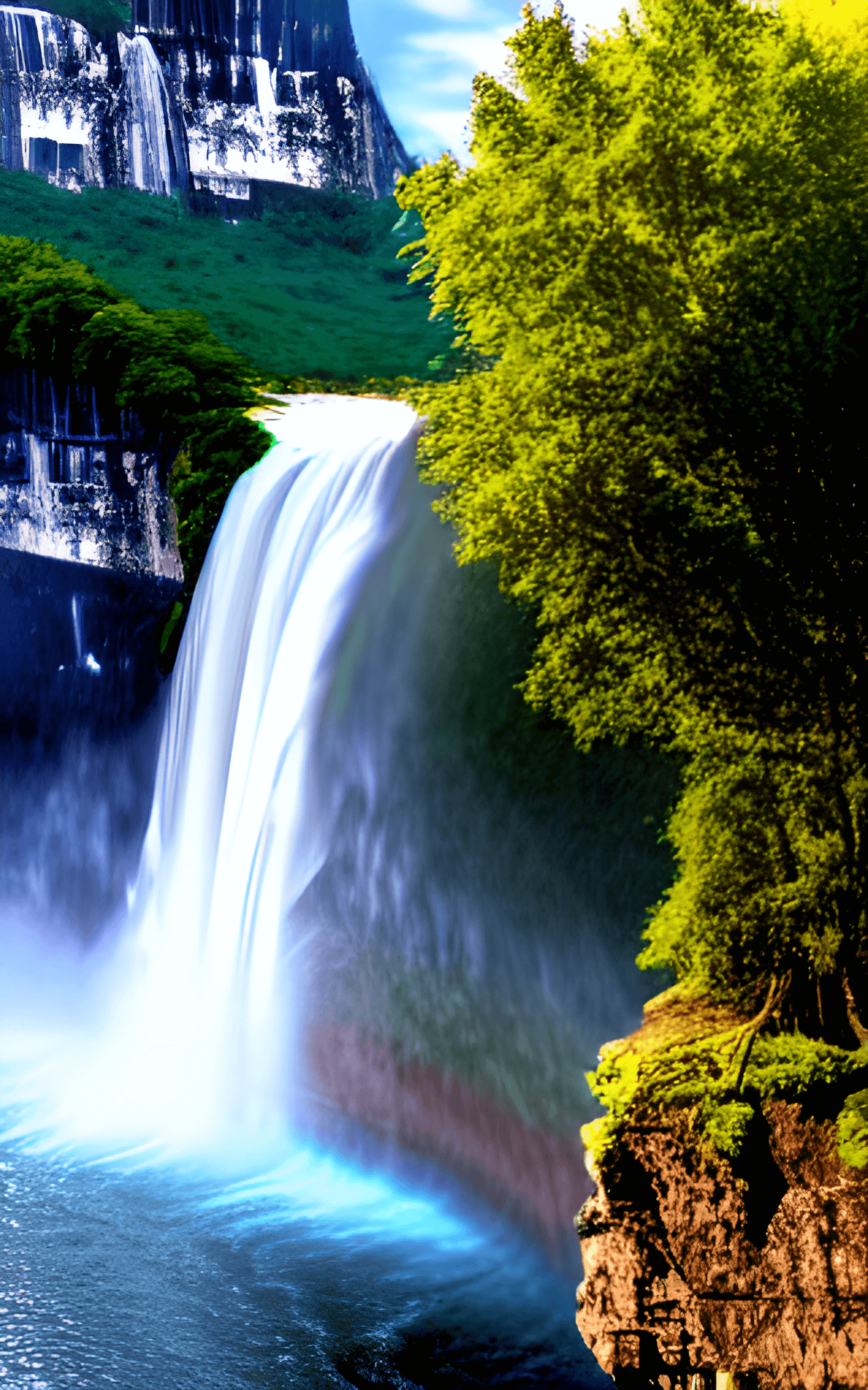 A waterfall cascading into a river below, with a mountain in the background. - Waterfall