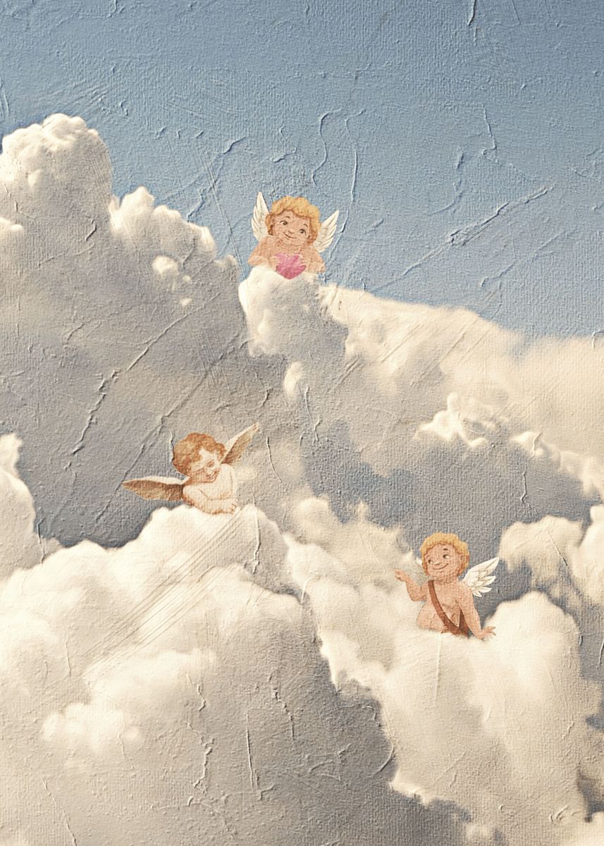Acrylic painting of three angels in the clouds - Angelcore
