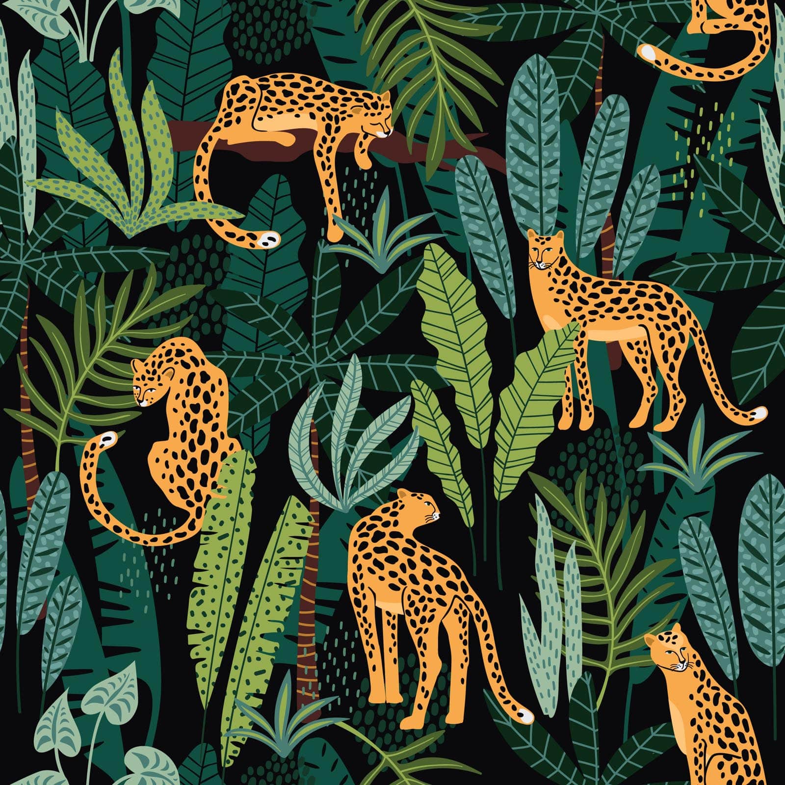 Seamless pattern with leopards and tropical leaves. Exotic background. Design for textile, fabric, wallpaper, wrapping paper. Vector illustration - Jungle