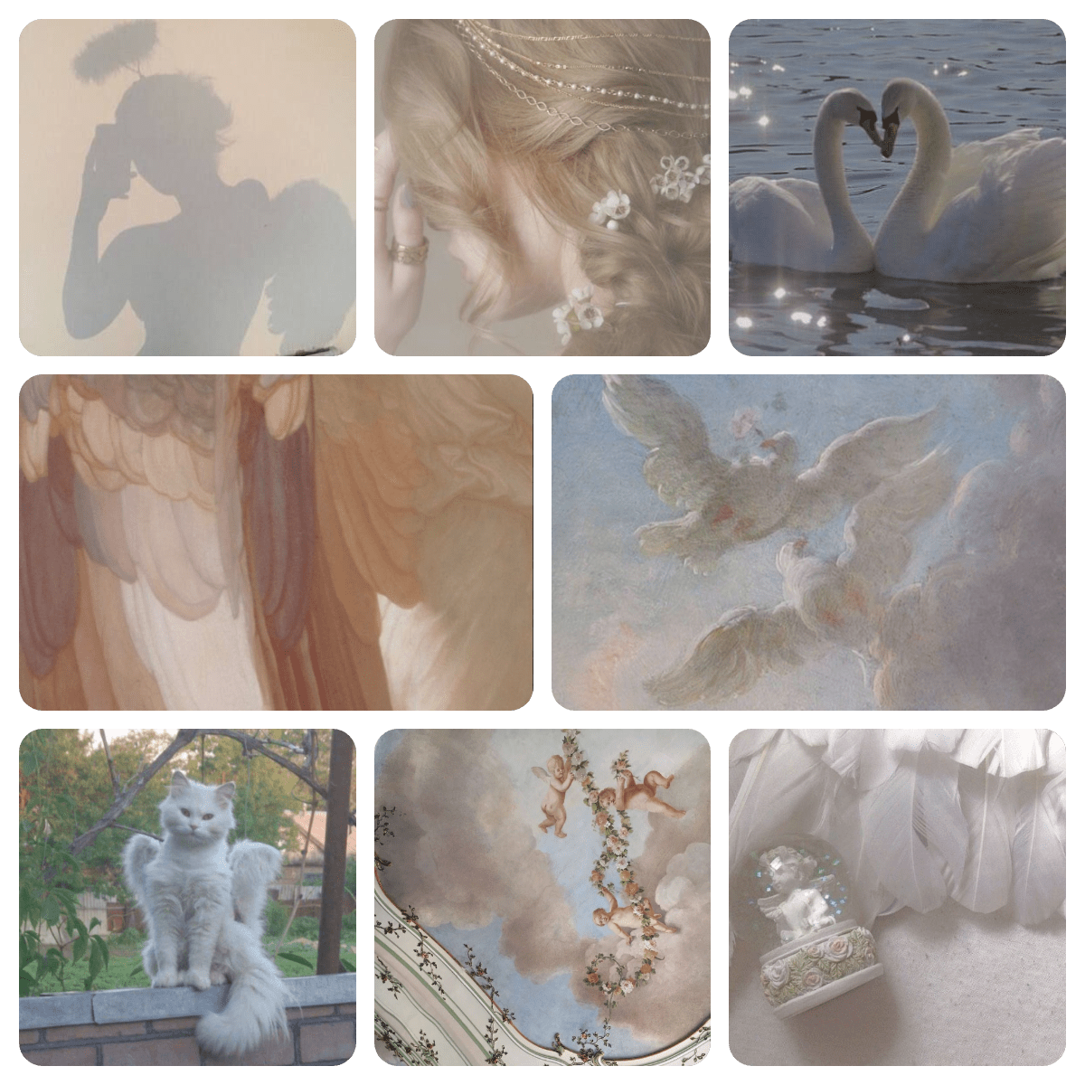 A collage of nine different pictures, including swans, a cat, and angels. - Angelcore