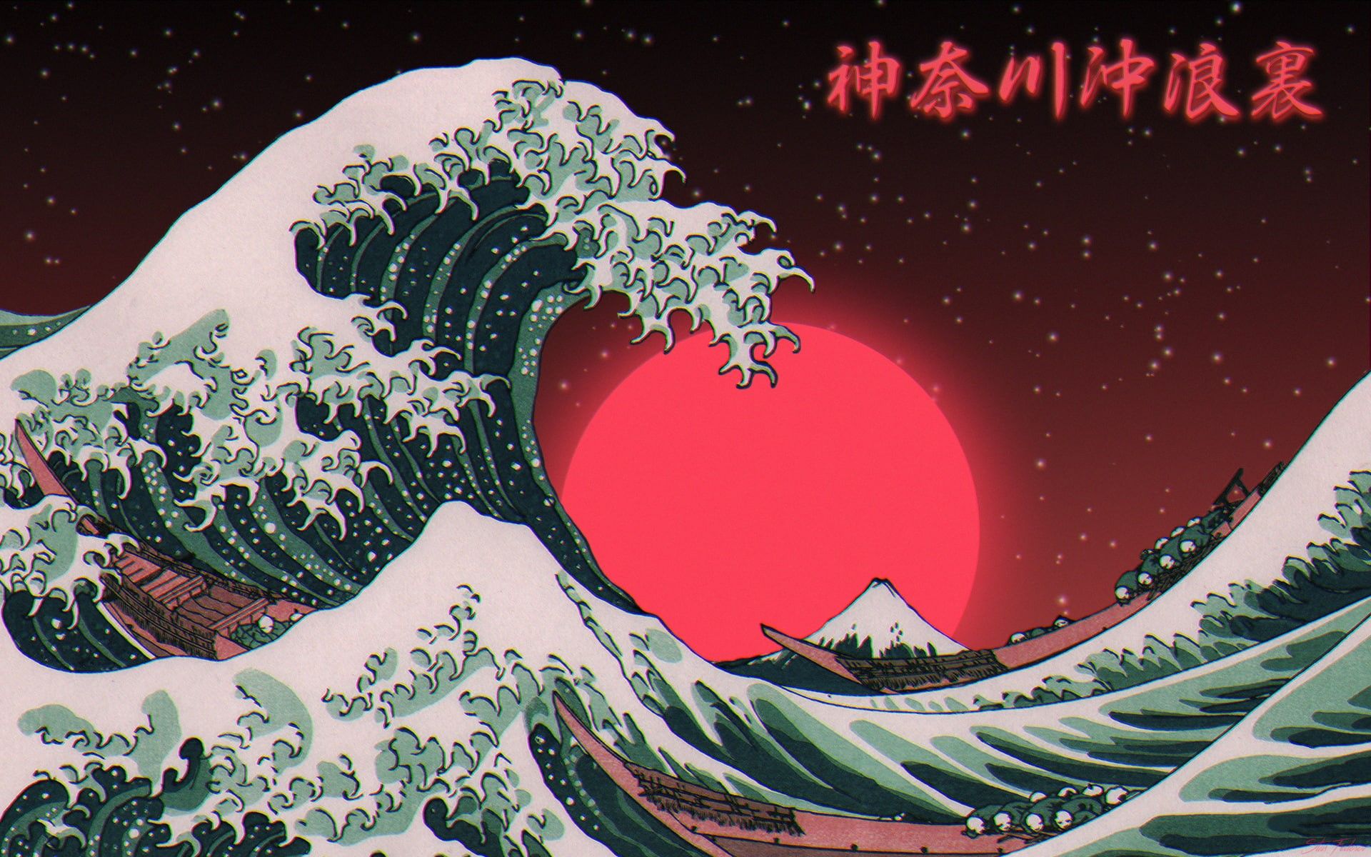 Wallpaper / Photohop, 1080P, Typography, sea, The Great Wave Off Kanagawa, Japan, digital art free download