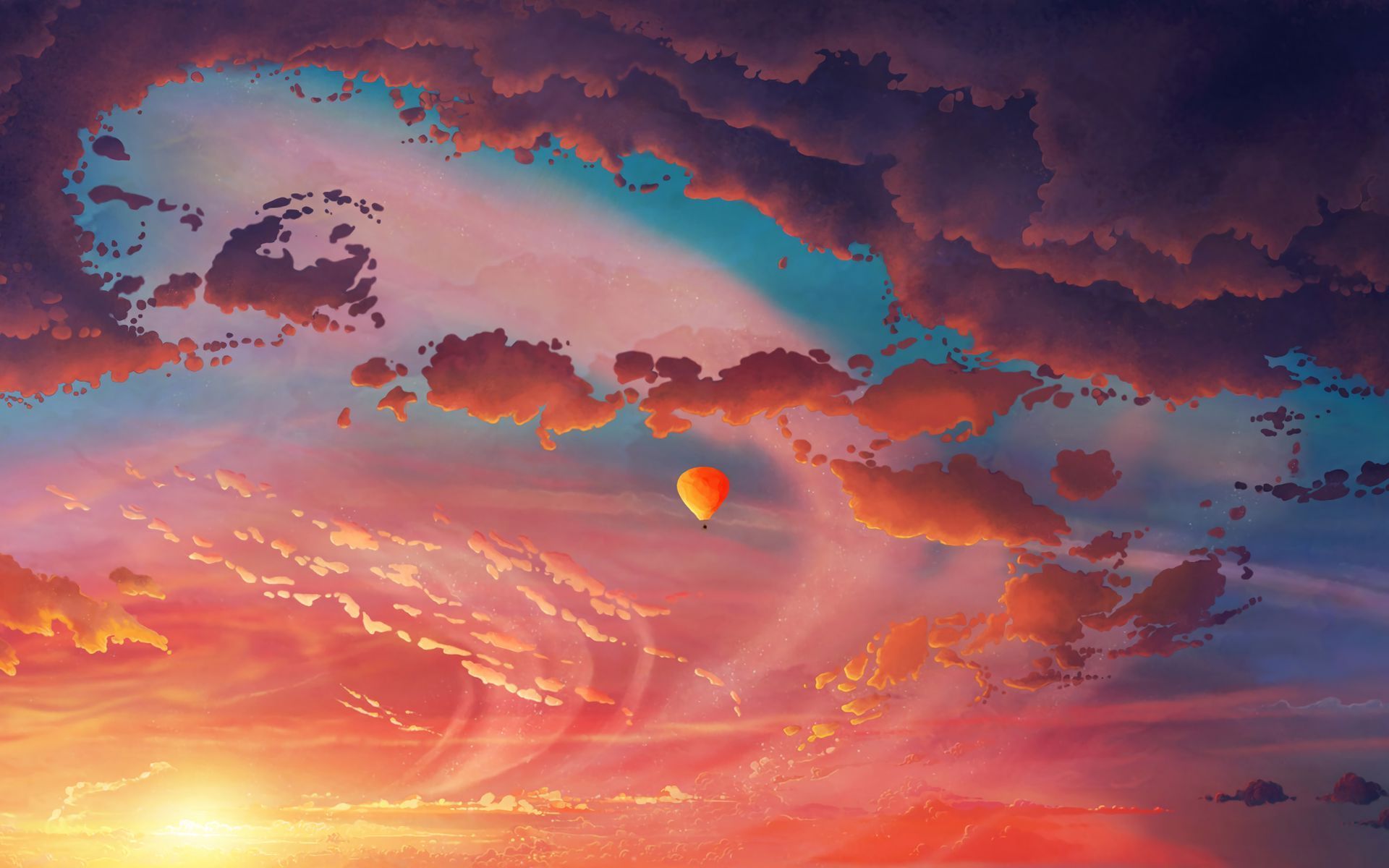 A painting of a hot air balloon in a sunset sky - 1920x1200