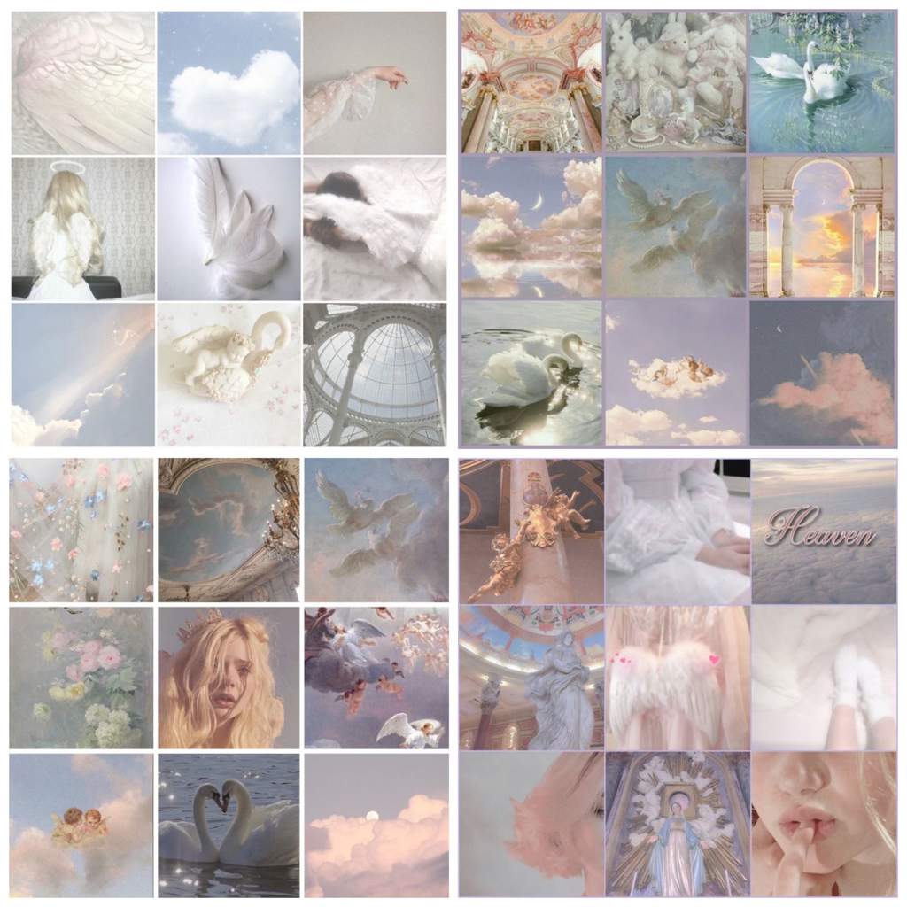 Aesthetic collage of angelic images including swans, clouds, and flowers. - Angelcore