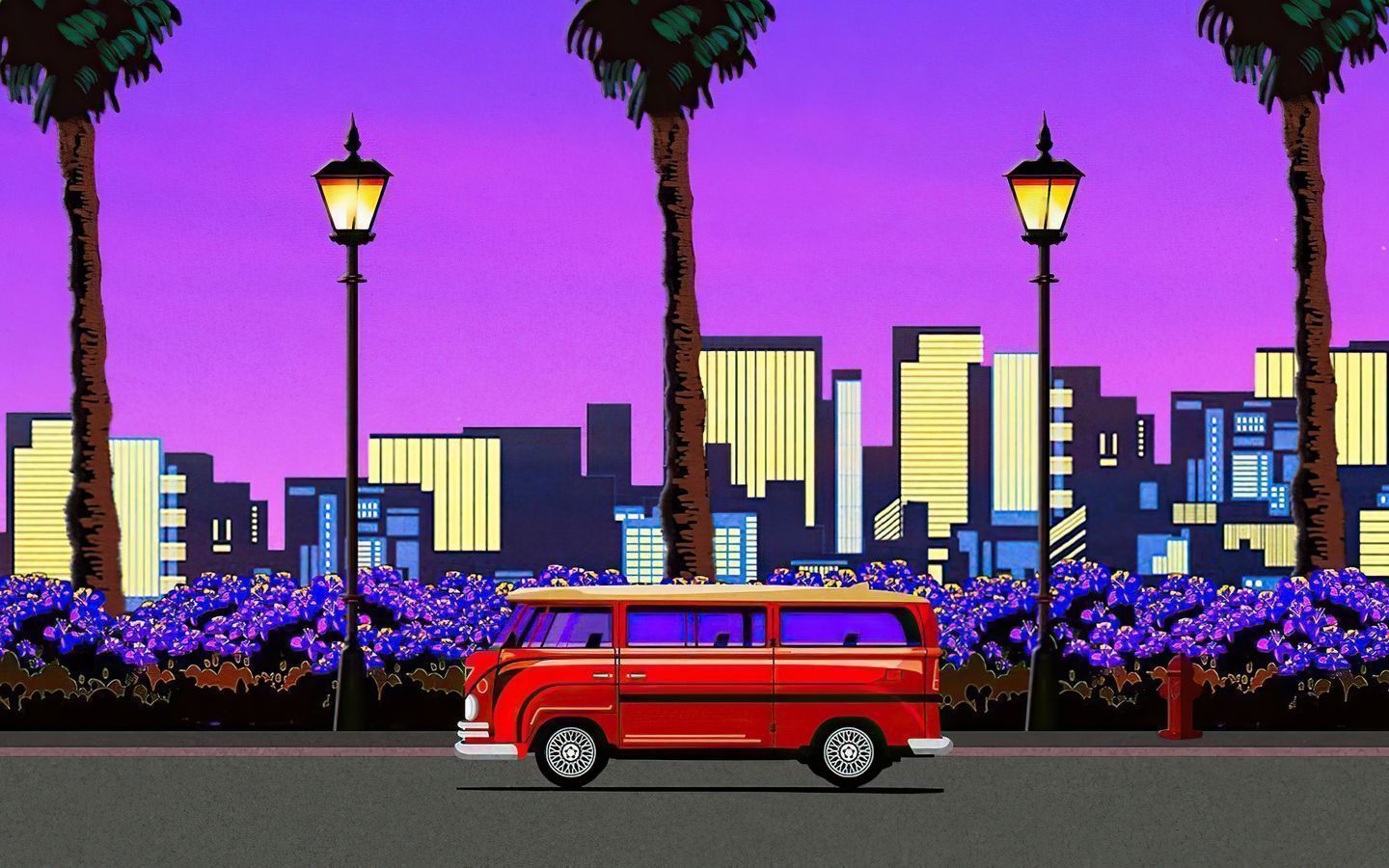 A red van parked on the side of the road in front of a city skyline. - 1440x900