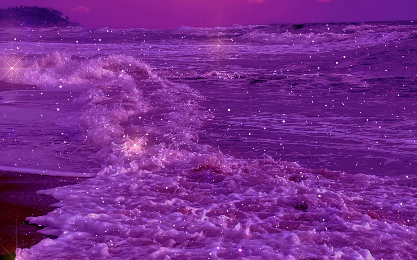 Download Pink sea, Waves, Shore, Sky, Moon Wallpaper in 1440x900 Resolution